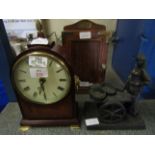 RAPPORT TEAK CASED MANTEL CLOCK, A FURTHER SPELTER FIGURE OF A FISH SELLER AND AN EASTERN HARDWOOD