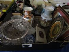 CUT GLASS PEDESTAL BOWL, BLUE AND WHITE CUPS AND SAUCERS, DECORATIVE VASE ETC