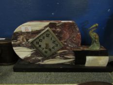 ART DECO MARBLE MANTLE CLOCK MOUNTED WITH A SPELTER HERON