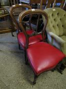 PAIR OF VICTORIAN BALLOON BACK DINNING CHAIRS WITH RED REXINE UPHOLSTERED SEATS