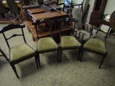 SET OF FOUR MAHOGANY FRAMED BAR BACK DINNING CHAIRS WITH TURNED FRONT LEGS AND YELLOW DRAYLON DROP