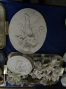 TRAY MIXED PATTI ORNAMENTS TOGETHER WITH A PLASTER PLAQUE ETC