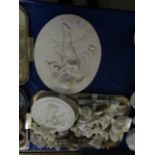 TRAY MIXED PATTI ORNAMENTS TOGETHER WITH A PLASTER PLAQUE ETC