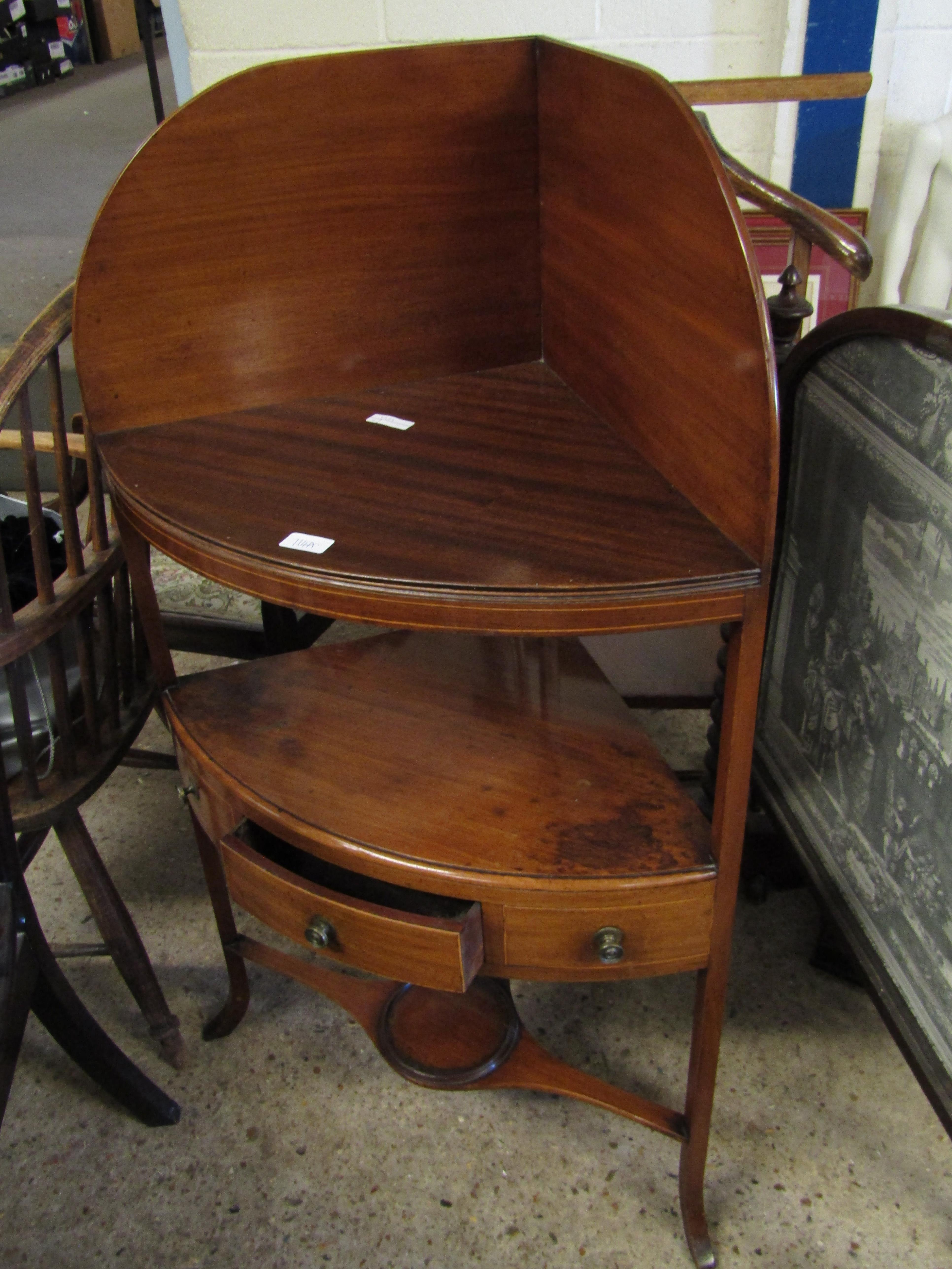 GEORGIAN MAHOGANY CORNER WASH STAND FITTED WITH TWO OPEN SHELVES AND SINGLE DRAWER ON A SPLAYED BASE