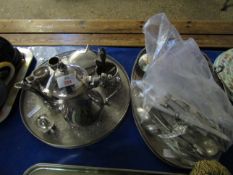 TWO SILVER PLATED GALLERIED EDGE TRAYS, PART TEA WARES, SILVER PLATED FLAT WARES ETC