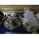 TWO SILVER PLATED GALLERIED EDGE TRAYS, PART TEA WARES, SILVER PLATED FLAT WARES ETC