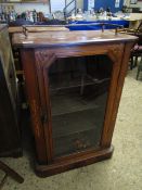 VICTORIAN WALNUT AND INLAID MUSIC CABINET WITH SINGLE GLAZED DOOR AND BRASS RAIL GALLERY BACK