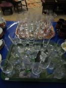 TWO TRAYS MIXED MODERN GLASS WARES, CHAMPAGNE FLUTES ETC