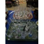 TWO TRAYS MIXED MODERN GLASS WARES, CHAMPAGNE FLUTES ETC