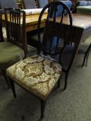 MAHOGANY FRAMED CIRCULAR SPLAT BACK DINNING CHAIR WITH FLORAL UPHOLSTERED SEAT ON TAPERING SQUARE