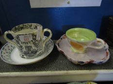 19TH CENTURY TWO HANDLED PRINTED GOD SPEED THE PLOUGH MUG, A LIMOGES PLATE, SCALLOP DISH AND A