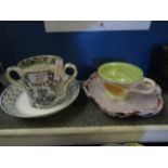 19TH CENTURY TWO HANDLED PRINTED GOD SPEED THE PLOUGH MUG, A LIMOGES PLATE, SCALLOP DISH AND A