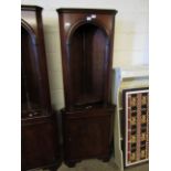 REPRODUCTION MAHOGANY CORNER CABINET WITH ARCHED TOP AND OPEN SHELVES OVER PANELLED DOOR