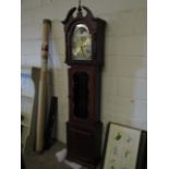 TEAK LONG CASE CLOCK WITH SILVER DIAL AND MOON ROLLER