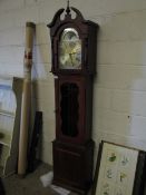 TEAK LONG CASE CLOCK WITH SILVER DIAL AND MOON ROLLER