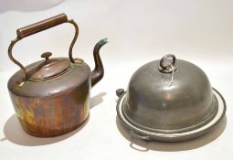 Victorian copper kettle with top handle and oval body, together with a pewter warming plate and