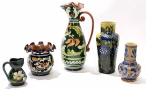 Group of pottery Aller Vale wares with various slip designs comprising large jug, vase, further