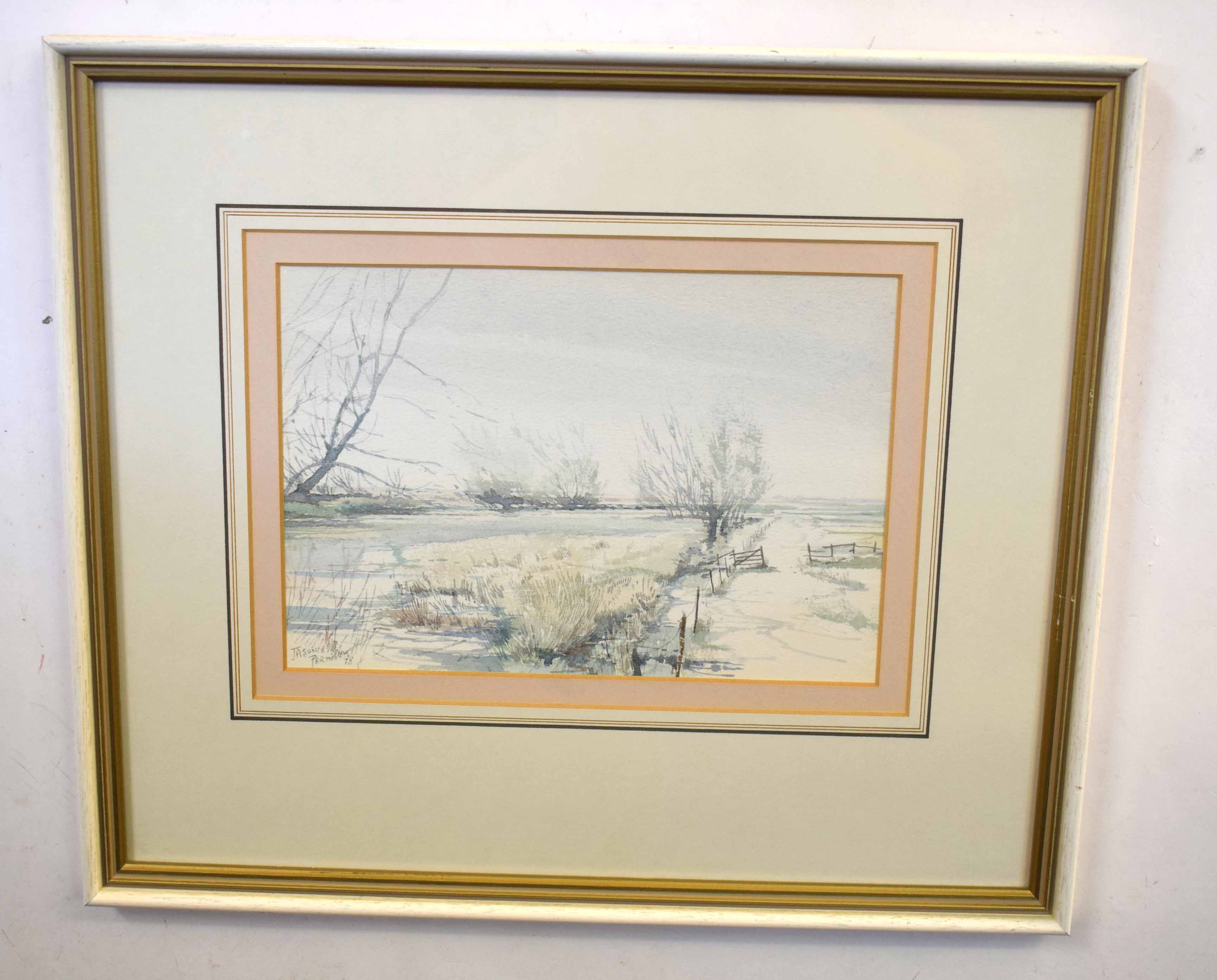 Jason Partner, signed watercolour, "The Flooded Fen", 16 x 23cm