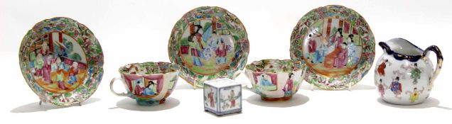Group of Chinese porcelain Cantonese wares with polychrome decoration comprising two cups and