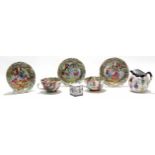 Group of Chinese porcelain Cantonese wares with polychrome decoration comprising two cups and