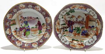 Two 18th century Qianlong period octagonal plates with polychrome decoration of Chinese figures in a
