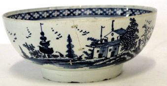 Large 18th century pearlware punch bowl with chinoiserie design below a lattice type border (a/f),