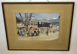 Unsigned watercolour, Street market with figures, 27 x 37cm