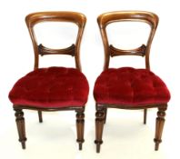 Set of seven Victorian mahogany balloon and bar back dining chairs on front fluted turned legs, red