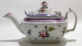 Late 18th century New Hall type tea pot and cover with cottage style floral decoration, pattern