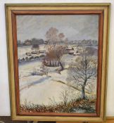 Mary Elizabeth Groom, signed oil on canvas, "Snow on the Marsh, Suffolk", 72 x 56cm