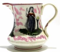 Sunderland lustre style jug with pink sponged design, decorated with models of Faith, Hope and