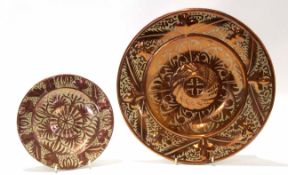 Pottery Hispano Mooresque type dish with a smaller dish with similar decoration and Espana mark to