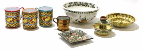 Portmeirion Botanic Garden bowl, together with three Italian pottery mugs and a small dish, the bowl