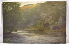 Unsigned oil on canvas, Extensive river scene, possibly Scottish, 91 x 137cm, unframed