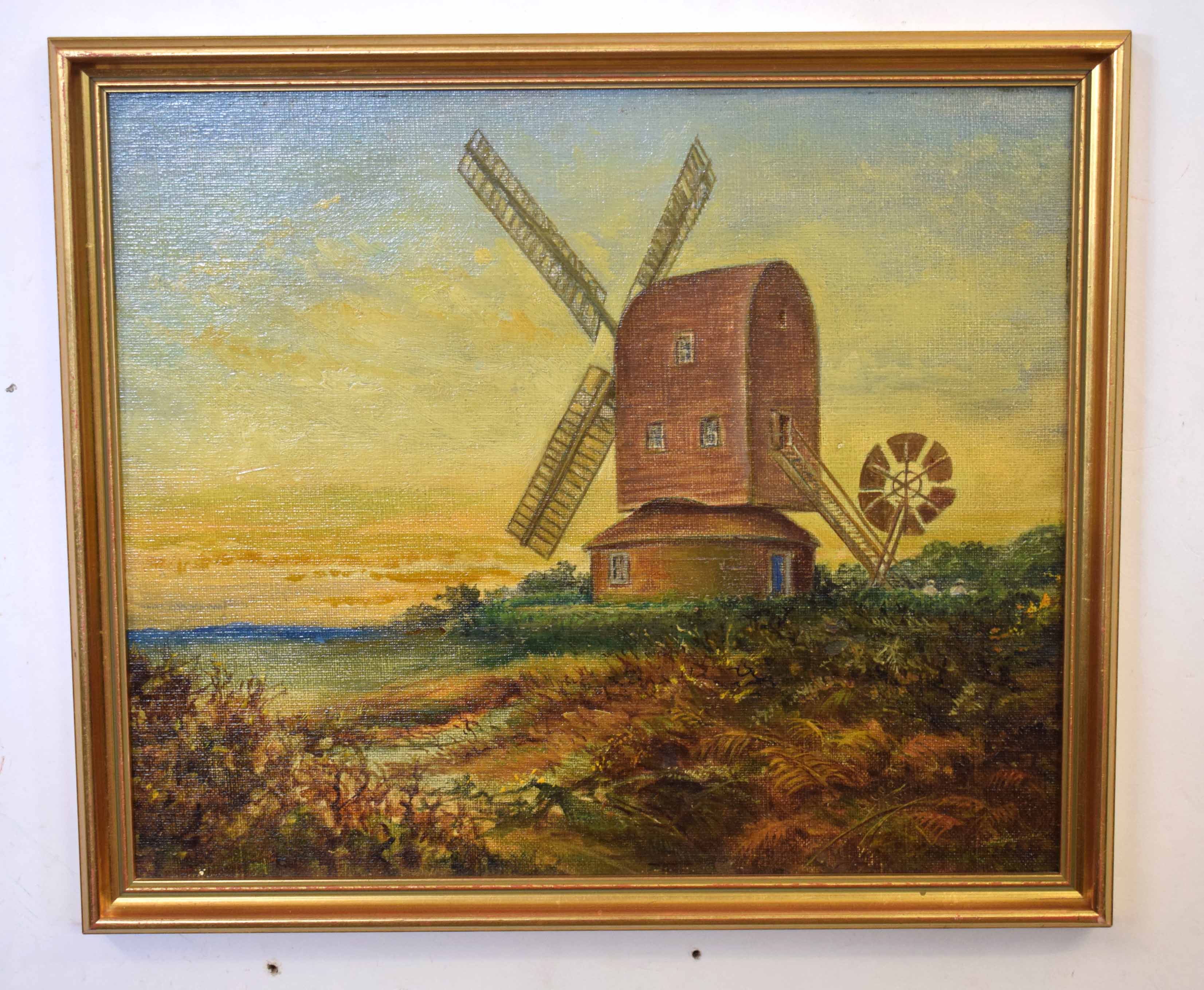 W Plumstead, signed oil on board, Landscape with mill, 29 x 35cm