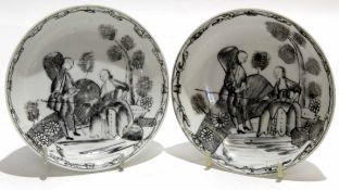 Two 18th century Chinese saucers decorated en grisaille with a lady and gentleman fishing, 12cm diam