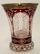 Glass beaker, decorated in Bohemian style, diamond cut glass surrounded by cranberry type decoration