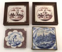 Collection of four 18th century Delft tiles, two with manganese decoration in wooden frames, two