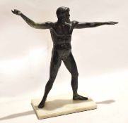 20th century bronze statue, Greek warrior, on white marble base, 44cm tall