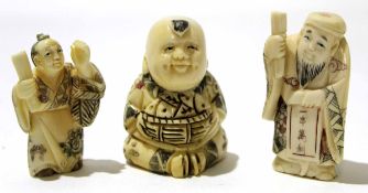 Group of three ivory Inro modelled as immortals, tallest 5cm high