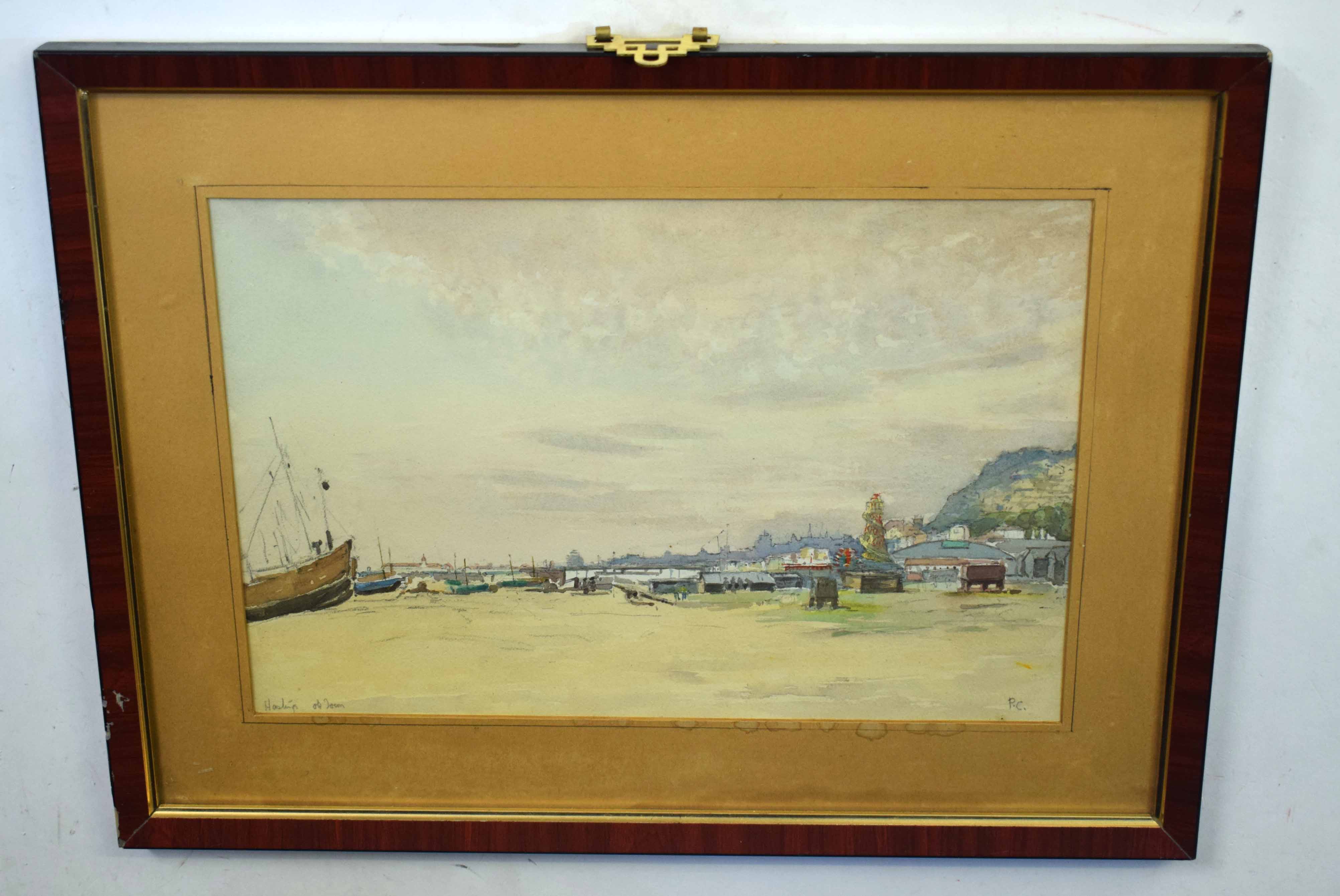 PC, initialled watercolour, inscribed "Hastings Old Town", 25 x 37cm