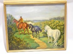 W Plumstead, signed and dated 1934, oil on board, Figure and horses with distant view of Norwich, 42