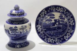 Large Spode blue tower jar and cover with matching base, 30cm high