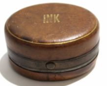 Victorian leather encased and gilt metal travelling inkwell, inscribed to the lid "Ink" opening to