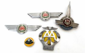 Mixed Lot: vintage motor car badges including Morris, Mini Cooper (x2), Lotus, together with an AA