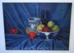 Unsigned oil on canvas, Still Life study of fruit, bowl and wine bottle, 45 x 61cm, unframed