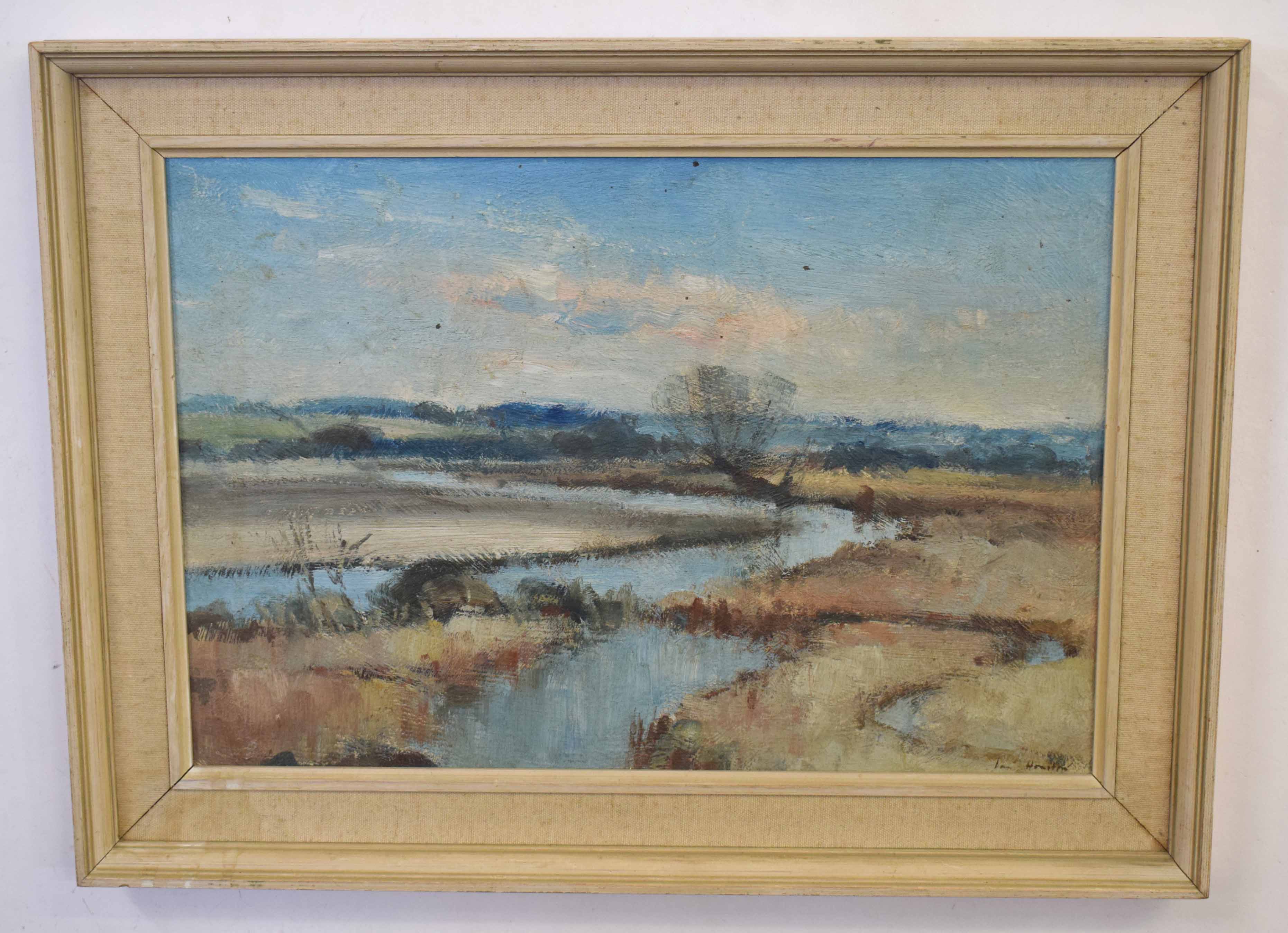 Ian Houston, signed oil on board, "Sunlight and shadow, River Yare", 26 x 39cm