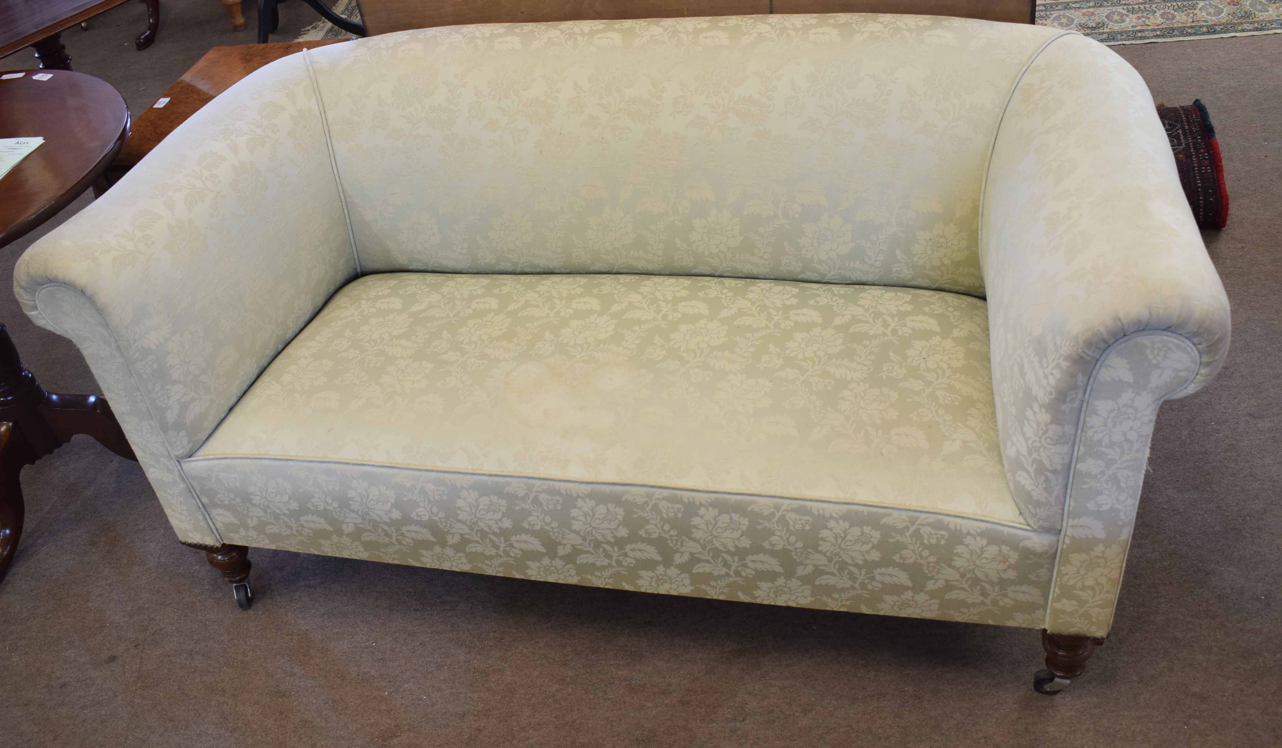 Small 20th century Chesterfield sofa upholstered in light green damask material, 140cm wide x 70cm