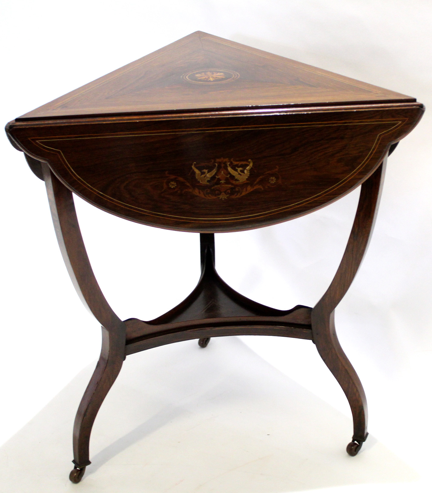 19th century rosewood and inlaid triangular occasional table with three drop flaps with open shelves - Image 2 of 3