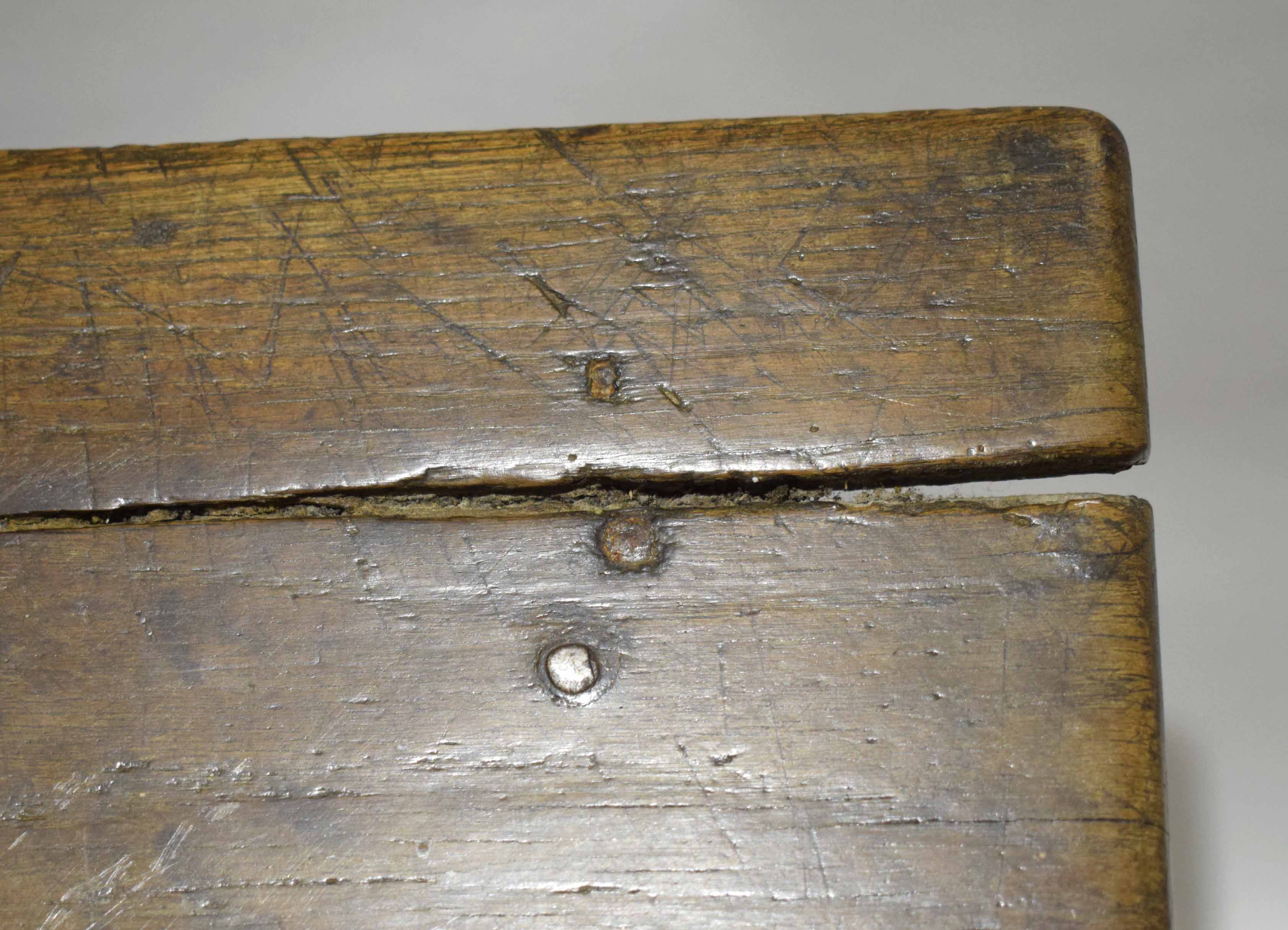 17th/18th century and later oak side table, plank top over a plain frieze raised on cylindrical - Image 3 of 3
